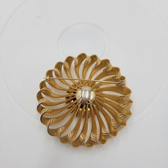 Vintage Rhinestone Pinwheel Brooch 2" Blue Green Gold Tone Crown Setting Pin - Picture 10 of 12